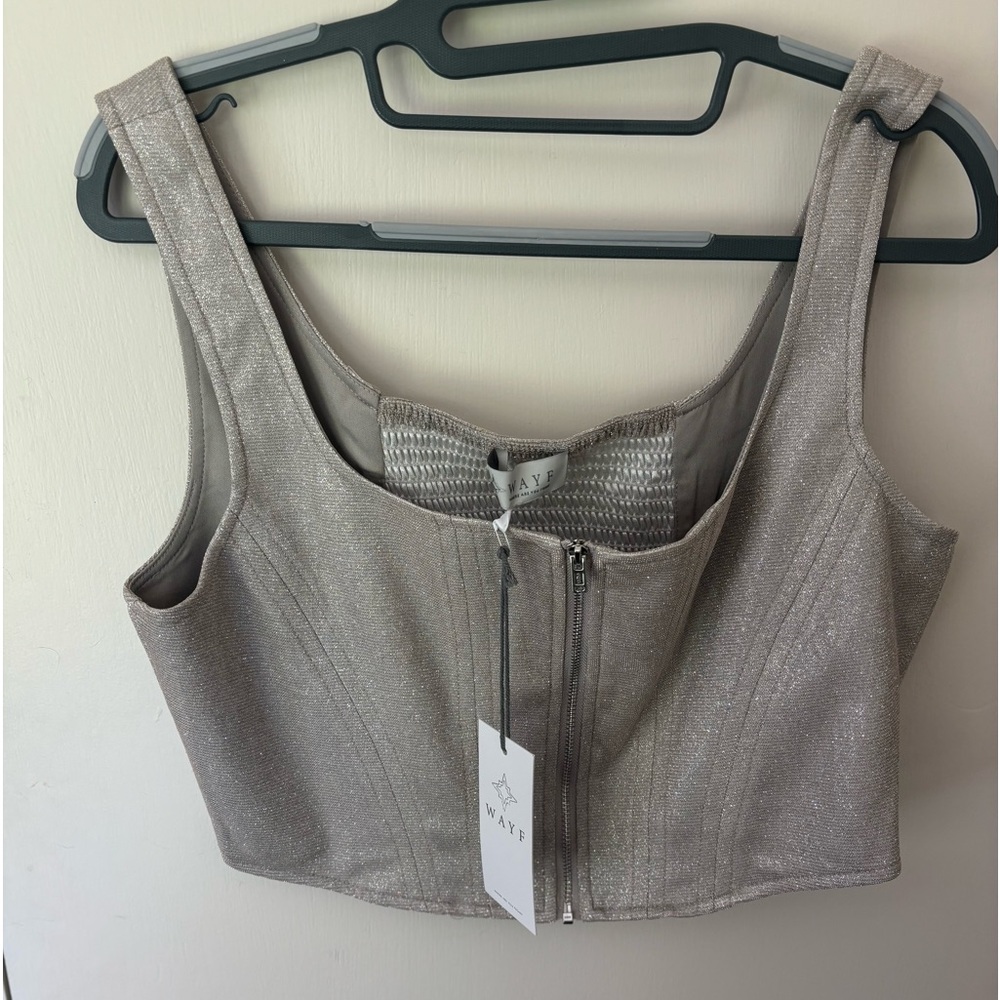 WAYF Silver Cropped Zipper Corset Top